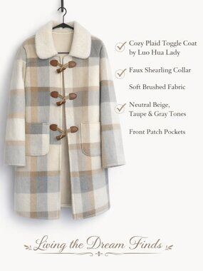 Luo Hua Lady Plaid Toggle Coat Faux Shearling Collar Cozy Jacket